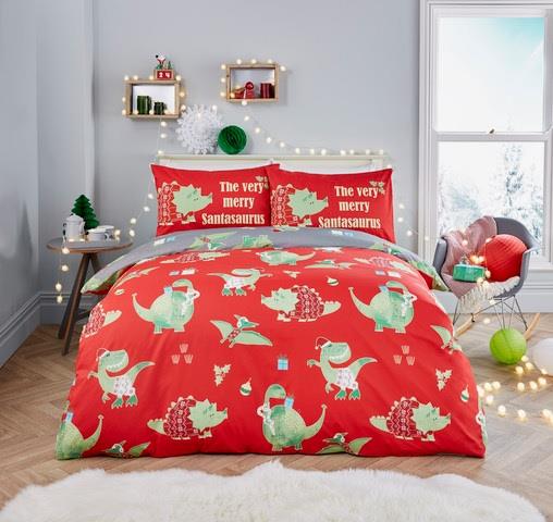 Santasaurus Duvet Cover Set by Bedlam Christmas in Red - Duvet Cover Set - Bedlam Christmas