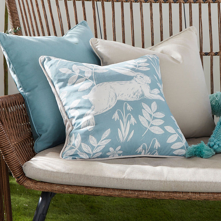 Spring Rabbit Outdoor Cushion by Dreams & Drapes Design in Duck Egg 43 x 43cm - Cushion - Dreams & Drapes Design