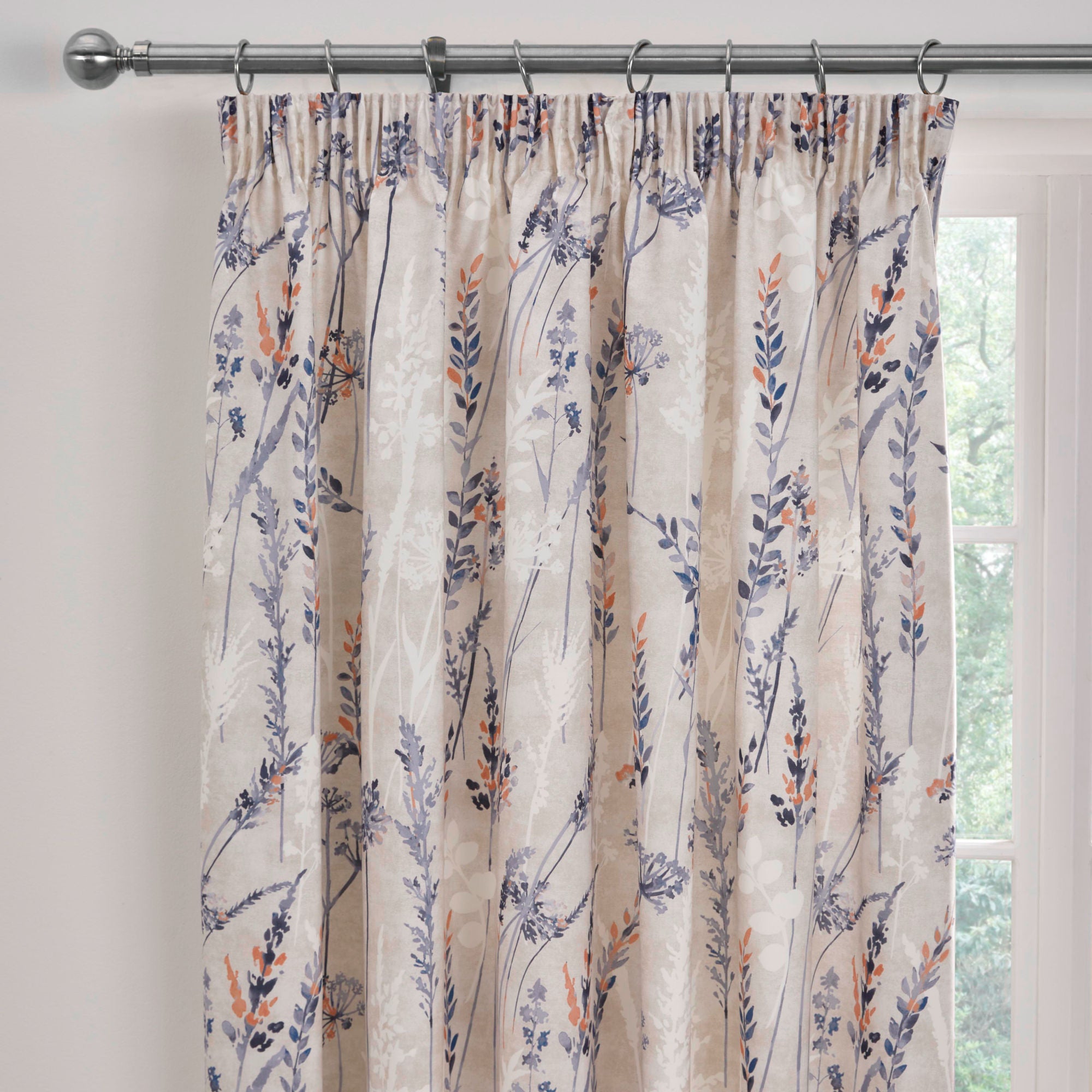 Wild Stems Pair of Pencil Pleat Curtains With Tie-Backs by Dreams & Drapes Design in Blue - Pair of Pencil Pleat Curtains With Tie-Backs - Dreams & Drapes Design