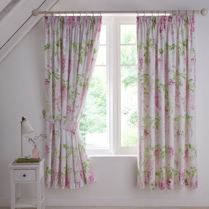 Wisteria Pair of Pencil Pleat Curtains With Tie-Backs by Dreams & Drapes Design in Pink - Pair of Pencil Pleat Curtains With Tie-Backs - Dreams & Drapes Design