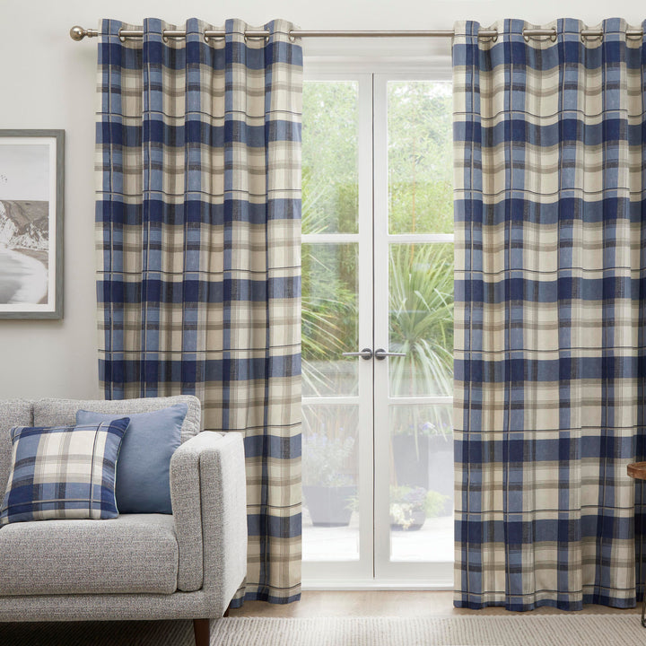 Balmoral Check Pair of Eyelet Curtains by Fusion in Navy - Pair of Eyelet Curtains - Fusion