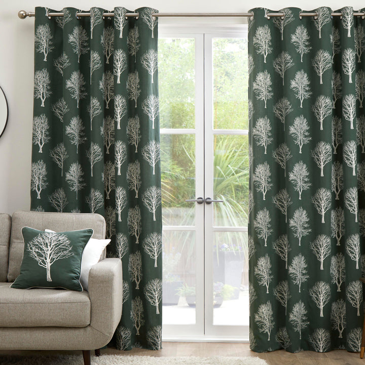 Woodland Trees Pair of Eyelet Curtains by Fusion in Bottle Green - Pair of Eyelet Curtains - Fusion