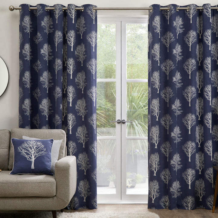 Woodland Trees Pair of Eyelet Curtains by Fusion in Navy - Pair of Eyelet Curtains - Fusion
