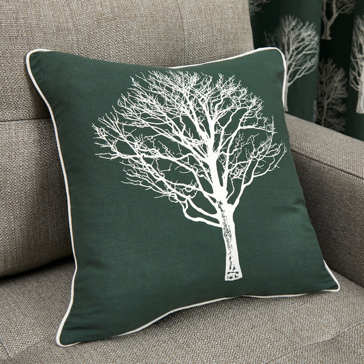 Woodland Trees Cushion by Fusion in Bottle Green 43 x 43cm - Cushion - Fusion
