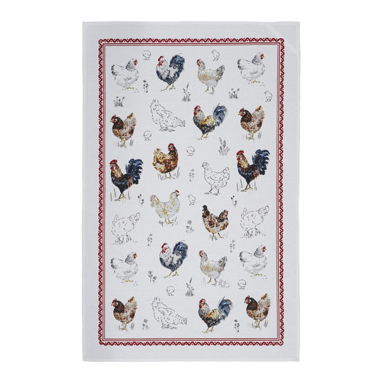 Farm Birds Cotton Tea Towel in Red