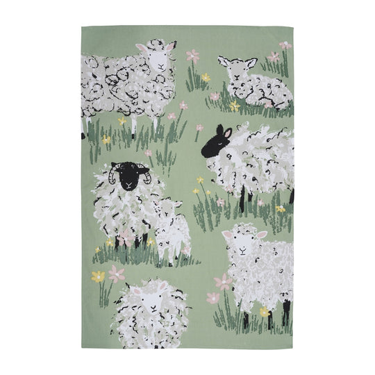 Woolly Sheep Cotton Tea Towel in Green