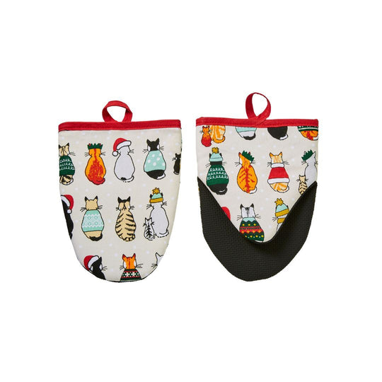Christmas Cats in Waiting Microwave Mitts Pair in Red/Cream