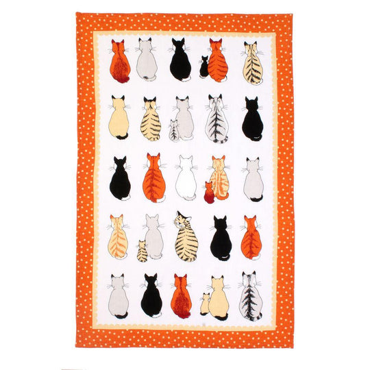 Cats In Waiting Cotton Tea Towel in Orange