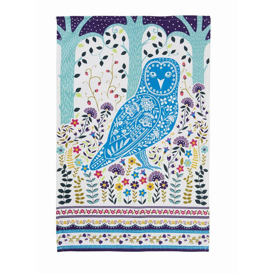 Woodland Owl Cotton Tea Towel in Blue