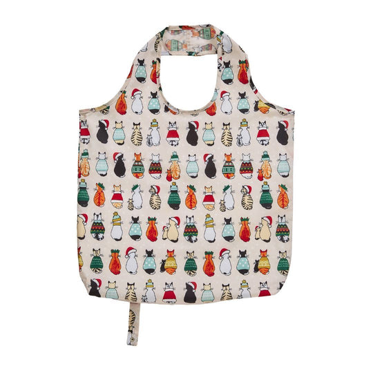 Christmas Cats in Waiting Foldable Tote Bag Medium in Red/Cream