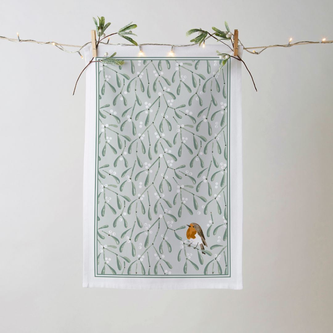 Ulster Weavers Recycled Cotton Blend Tea Towel - Mistletoe & Robin  (Beige) -  - Ulster Weavers