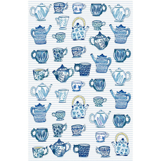 Tea Cups Cotton Tea Towel in Blue